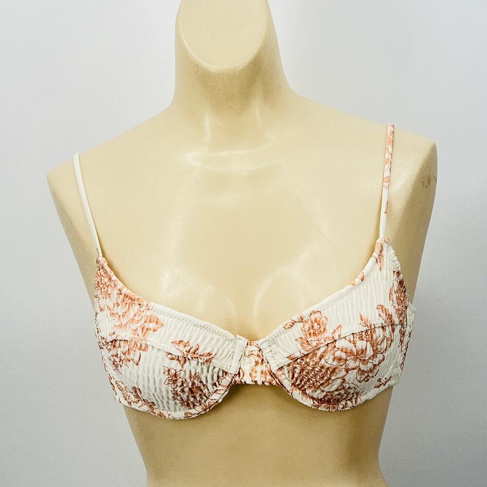 TRIANGL NWT Smocked Fabric Cream & Rust Floral Swim Top S Beach Pool Vacation